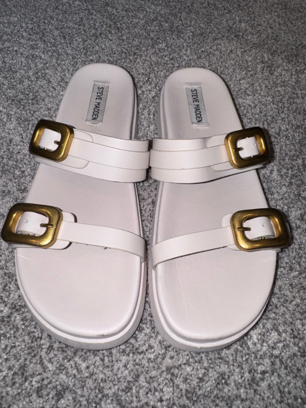 Steve Madden White Slide Sandals with Gold Buckles